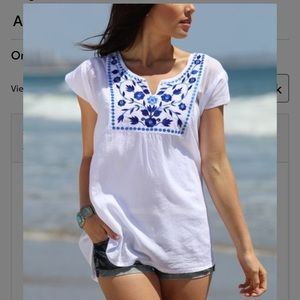 White cotton top/tunic with blue embroidery